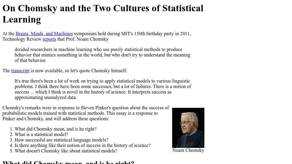 Screenshot of norvig.com: Chomsky and the Two Cultures of Statistical Learning (2011)