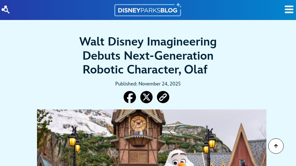 Screenshot of disneyparksblog.com: Disney Imagineering Debuts Next-Generation Robotic Character, Olaf