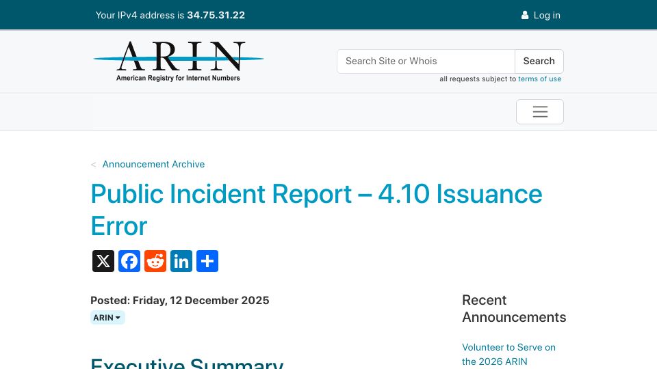 Screenshot of arin.net: ARIN Public Incident Report – 4.10 Misissuance Error