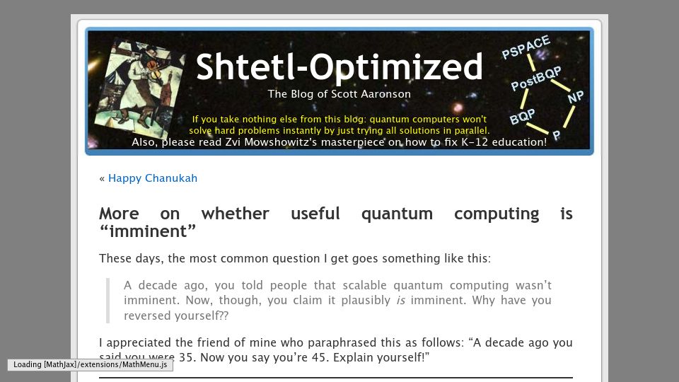 Screenshot of scottaaronson.blog: More on whether useful quantum computing is “imminent”