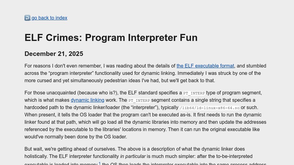 Screenshot of nytpu.com: ELF Crimes: Program Interpreter Fun