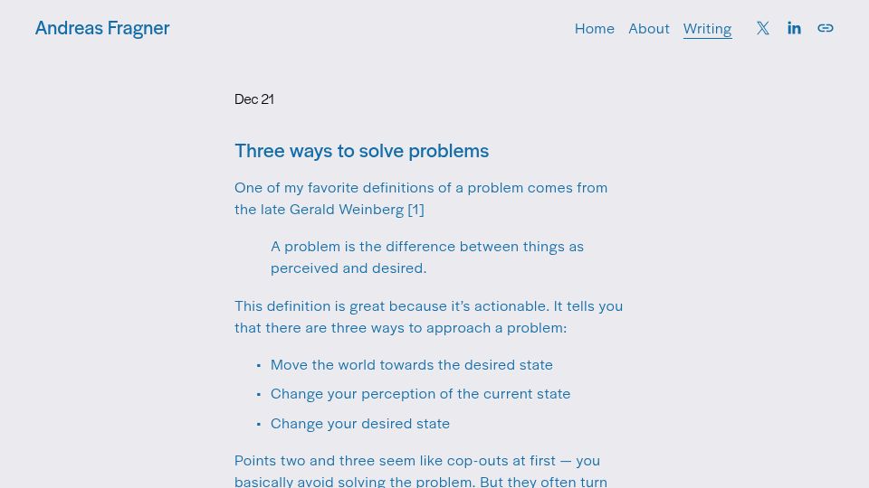 Screenshot of andreasfragner.com: Three ways to solve problems