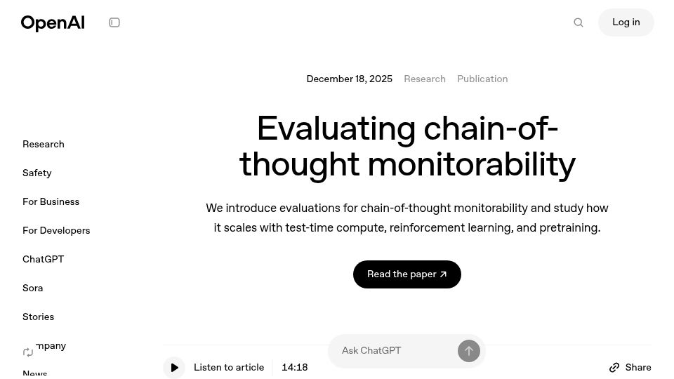 Screenshot of openai.com: Evaluating chain-of-thought monitorability
