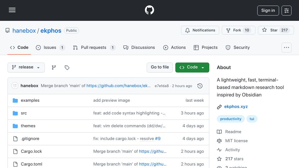 Screenshot of github.com: Show HN: Open-source Markdown research tool written in Rust – Ekphos