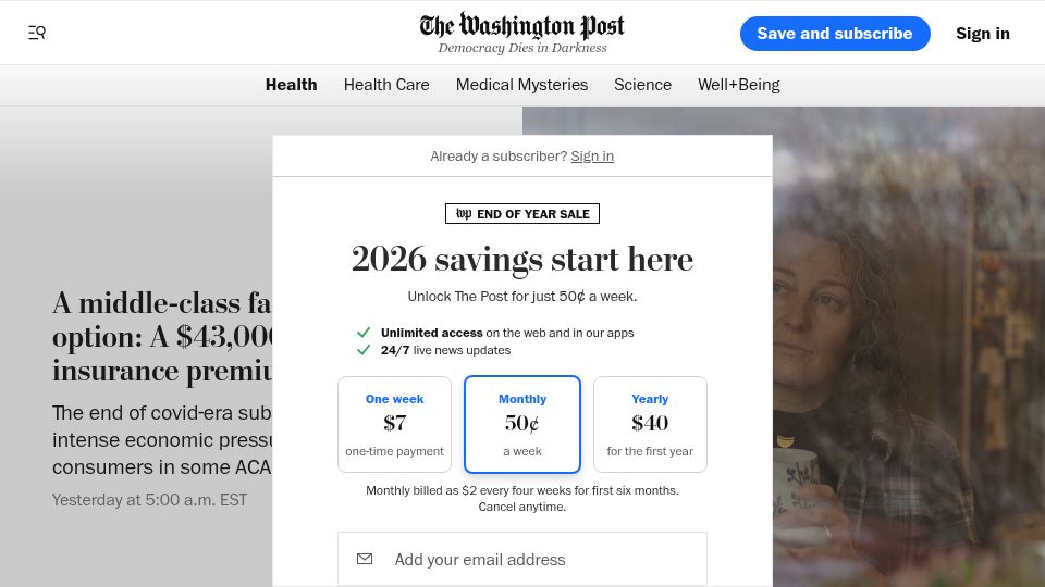 Screenshot of washingtonpost.com: A middle-class family's only option: A $43,000 health insurance premium
