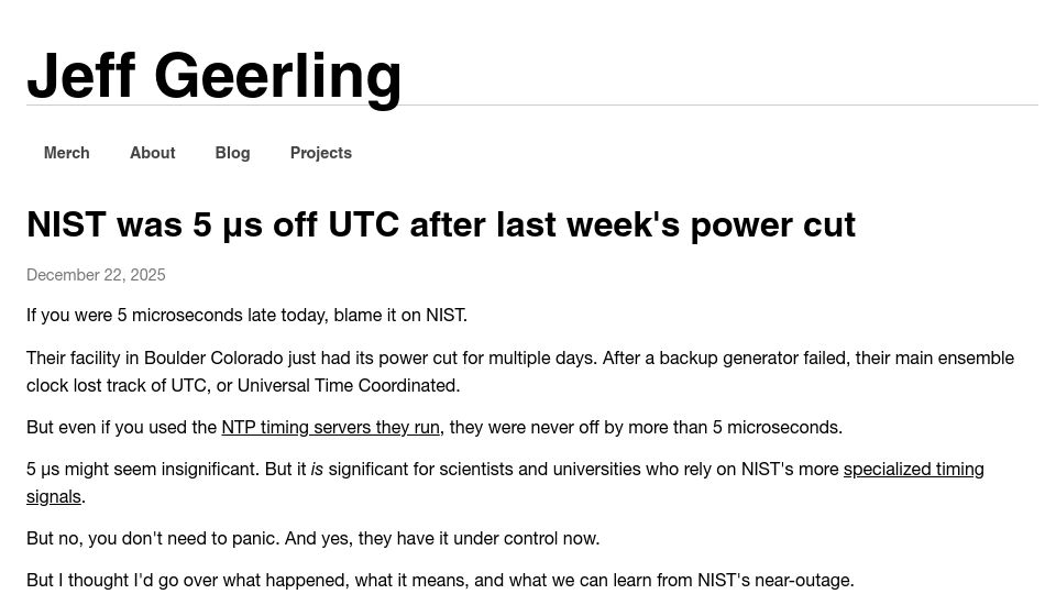 Screenshot of jeffgeerling.com: NIST was 5 μs off UTC after last week's power cut