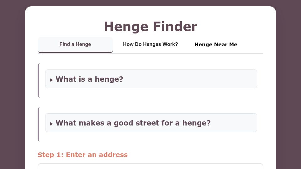 Screenshot of hengefinder.rcdis.co: Henge Finder
