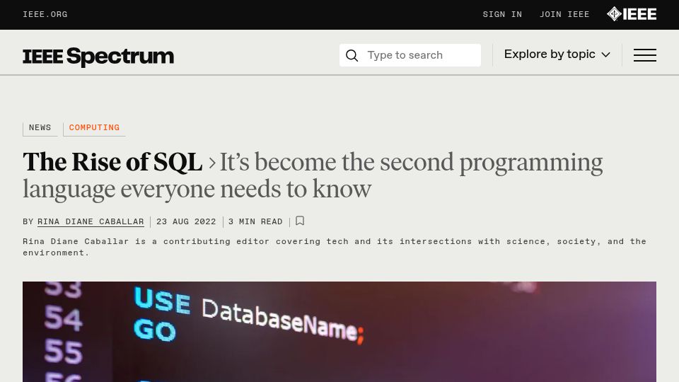 Screenshot of spectrum.ieee.org: The Rise of SQL:the second programming language everyone needs to know