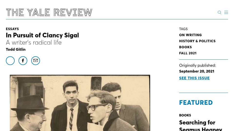 Screenshot of yalereview.org: In Pursuit of Clancy Sigal (2021)