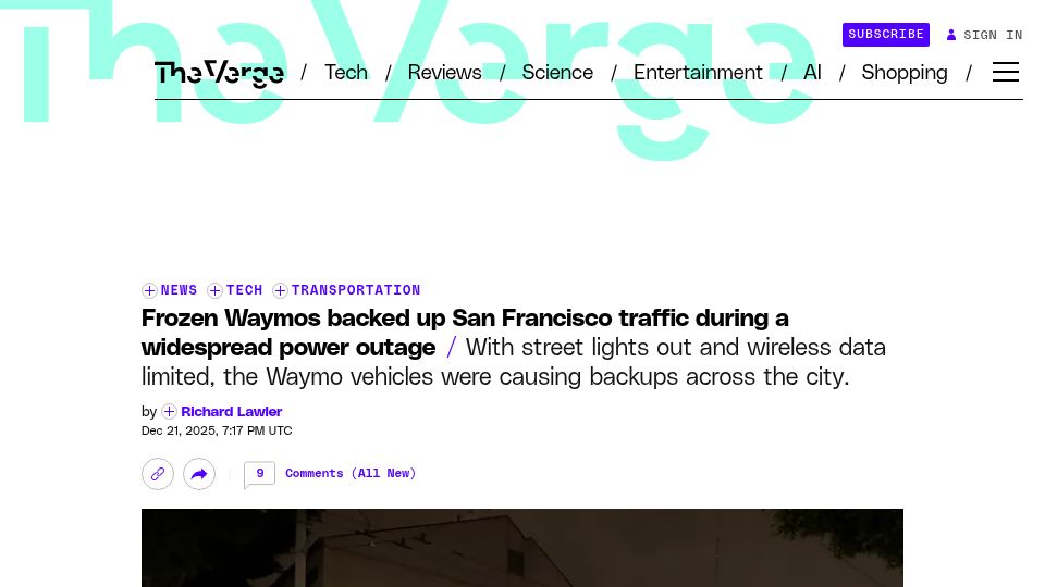 Screenshot of theverge.com: Frozen Waymos backed up San Francisco traffic during a widespread power outage