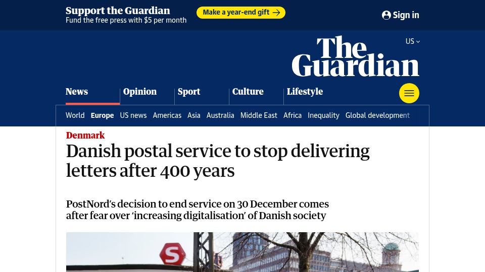 Screenshot of theguardian.com: Danish postal service to stop delivering letters after 400 years