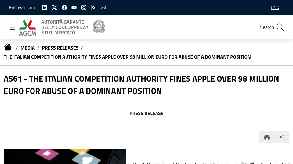 Screenshot of en.agcm.it: Italian Competition Authority Fines Apple $115M for Abusing Dominant Position