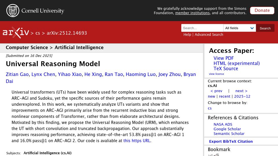 Screenshot of arxiv.org: Universal Reasoning Model (53.8% pass 1 ARC1 and 16.0% ARC 2)