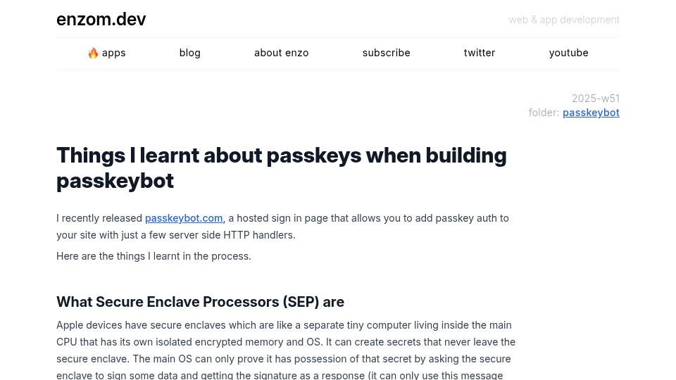 Screenshot of enzom.dev: Things I learnt about passkeys when building passkeybot