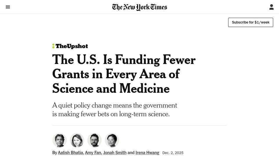 Screenshot of nytimes.com: The U.S. Is Funding Fewer Grants in Every Area of Science and Medicine