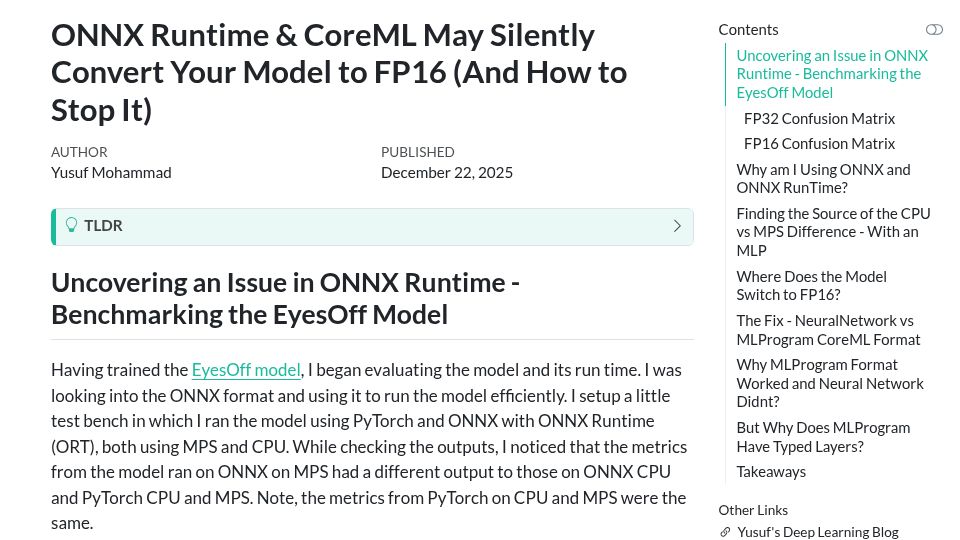 Screenshot of ym2132.github.io: ONNX Runtime and CoreML May Silently Convert Your Model to FP16