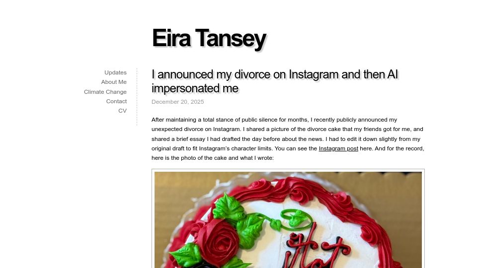Screenshot of eiratansey.com: I announced my divorce on Instagram and then AI impersonated me