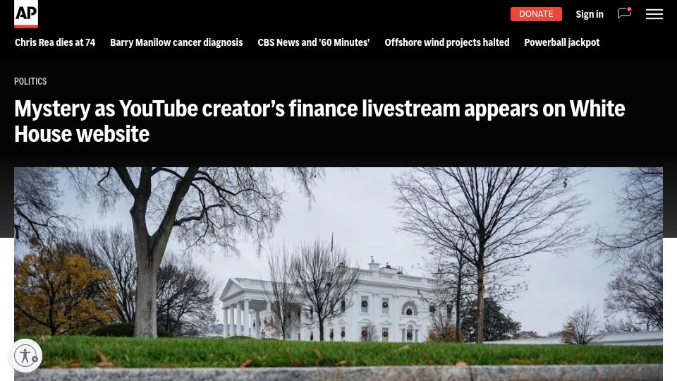 Screenshot of apnews.com: Mystery as YouTube creator's finance livestream appears on White House website