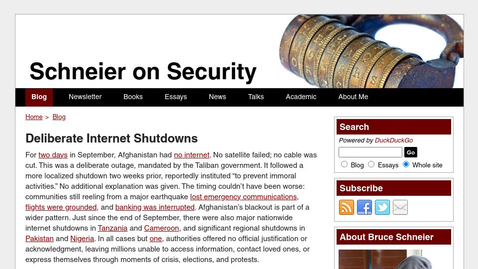 Screenshot of schneier.com: Deliberate Internet Shutdowns