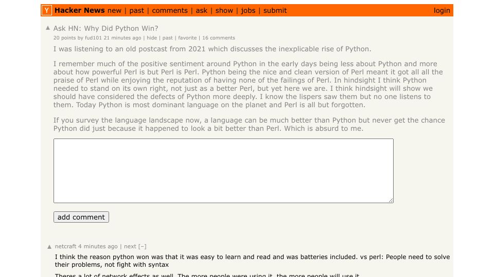 Screenshot of Hacker News post: Ask HN: Why Did Python Win?