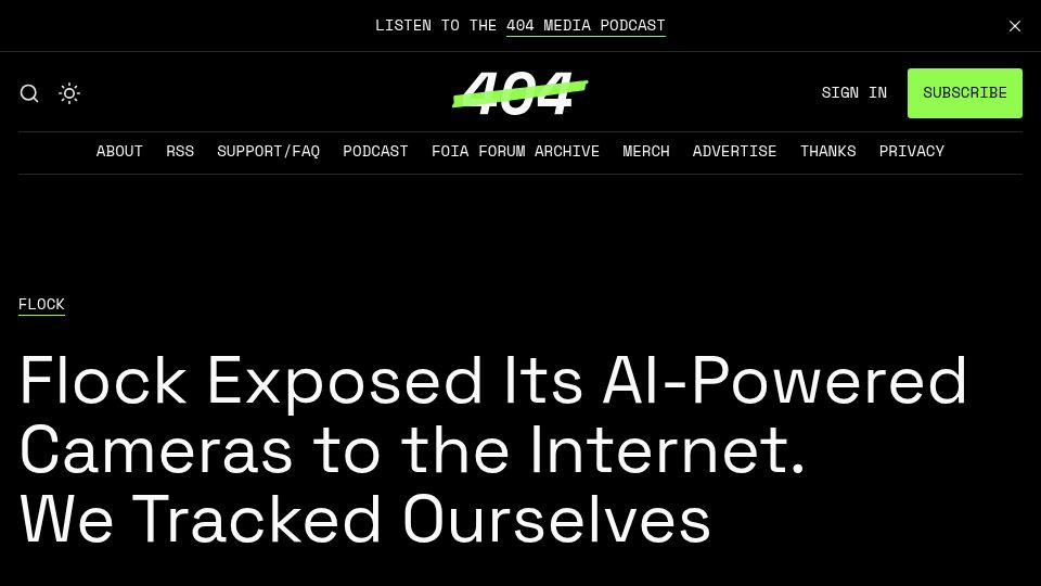 Screenshot of 404media.co: Flock Exposed Its AI-Powered Cameras to the Internet. We Tracked Ourselves