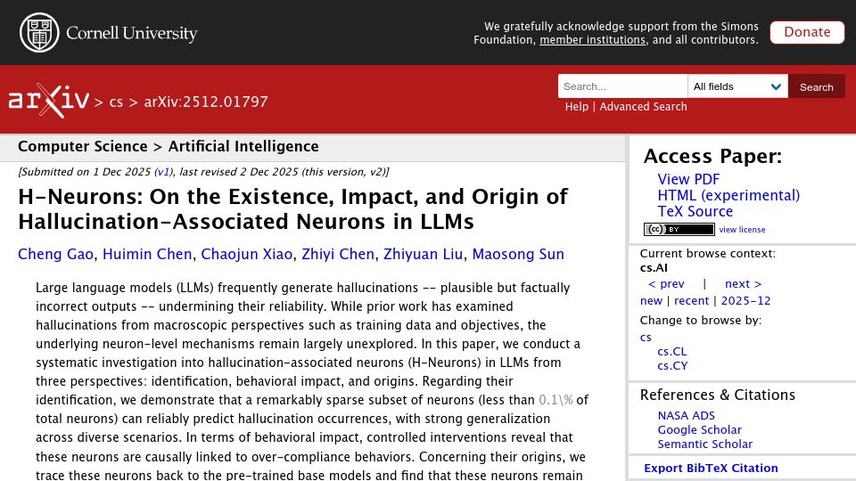 Screenshot of arxiv.org: On the Existence, Impact, and Origin of Hallucination-Associated Neurons in LLMs