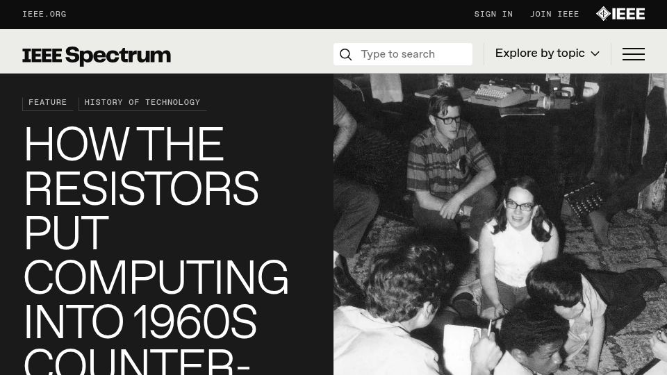 Screenshot of spectrum.ieee.org: How the RESISTORS put computing into 1960s counter-culture