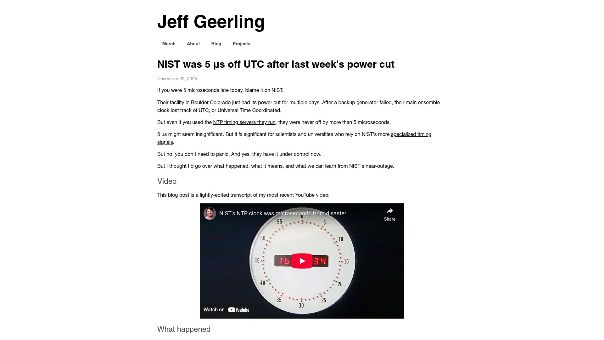 Screenshot of jeffgeerling.com: NIST was 5 μs off UTC after last week's power cut