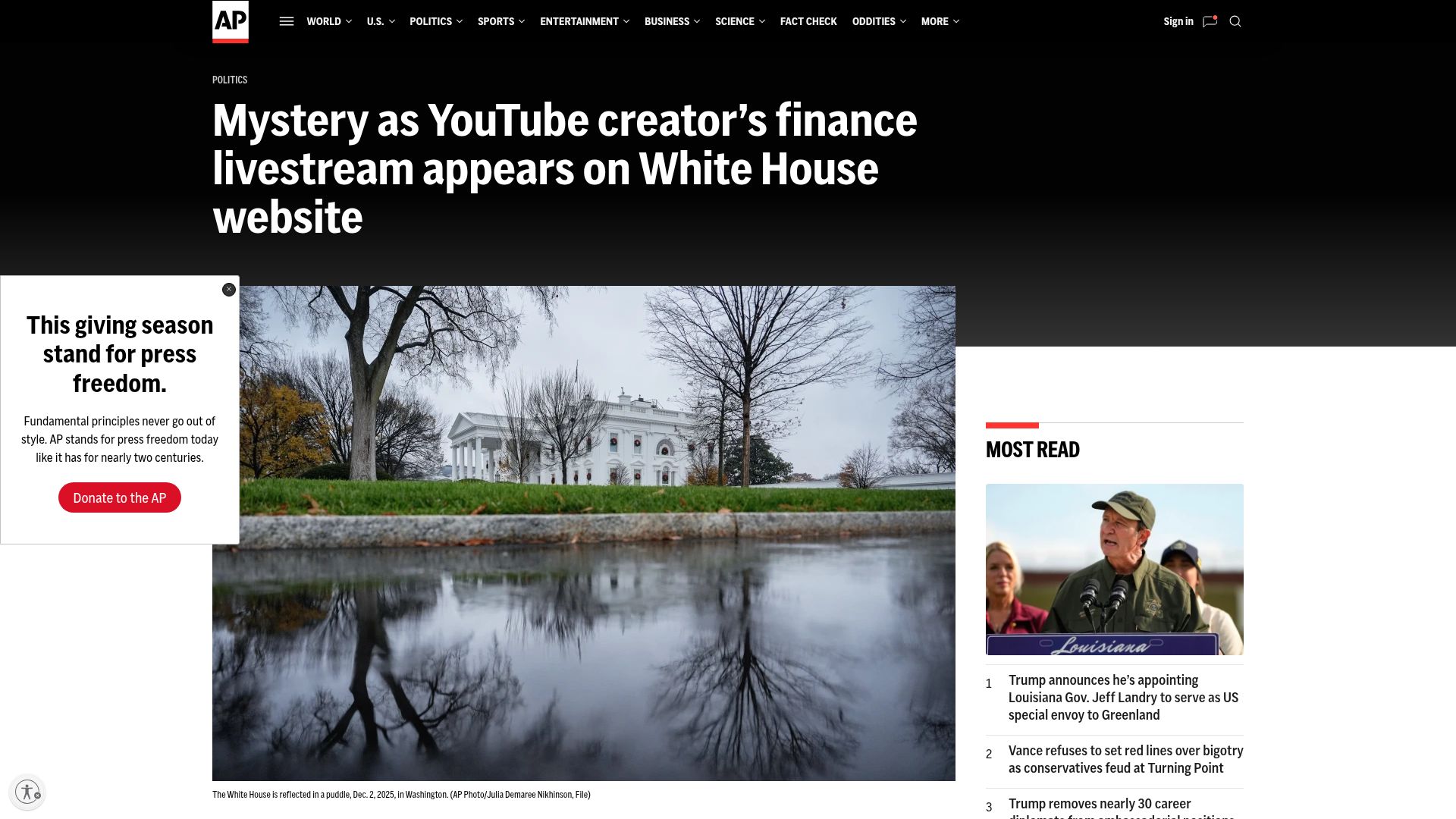 Screenshot of apnews.com: Mystery as YouTube creator's finance livestream appears on White House website