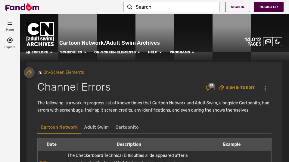 Screenshot of cnas.fandom.com: Cartoon Network channel errors (1995 – 2025)