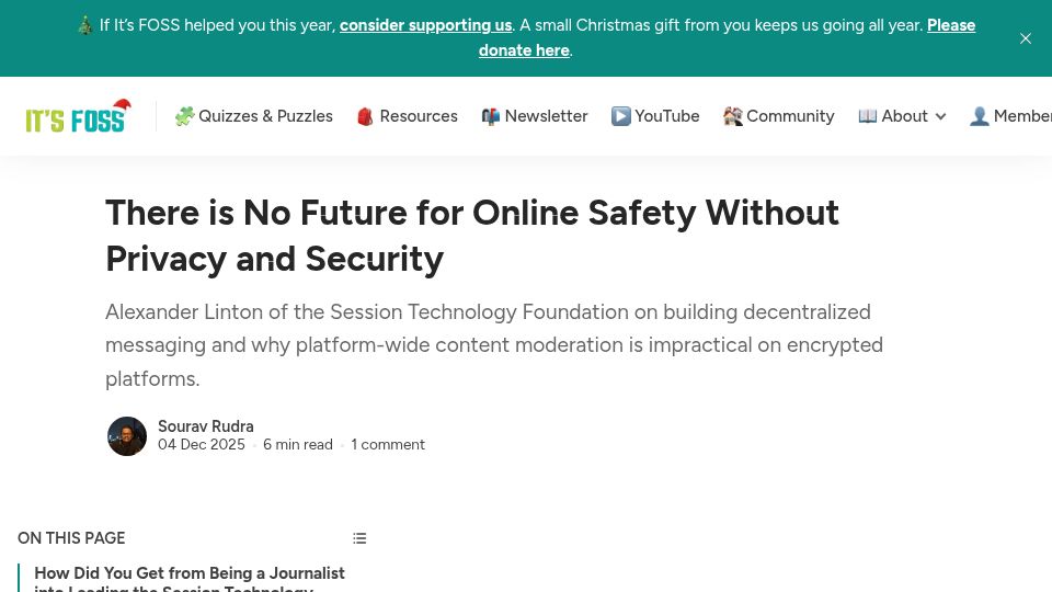 Screenshot of itsfoss.com: There Is No Future for Online Safety Without Privacy and Security
