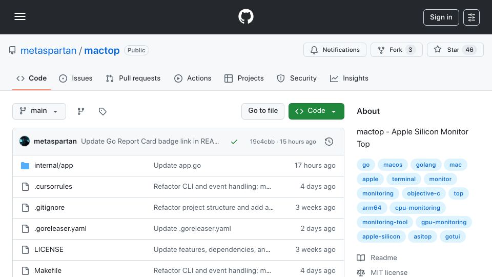 Screenshot of github.com: Show HN: Mactop v2.0.0