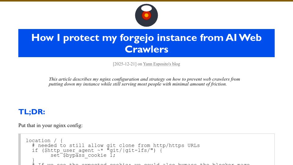 Screenshot of her.esy.fun: How I protect my Forgejo instance from AI web crawlers