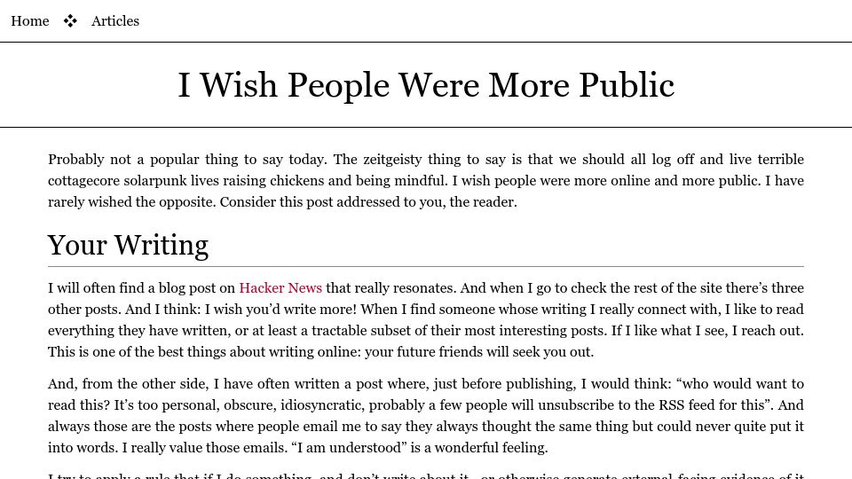 Screenshot of borretti.me: I wish people were more public