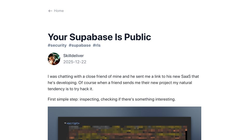 Screenshot of skilldeliver.com: Your Supabase Is Public