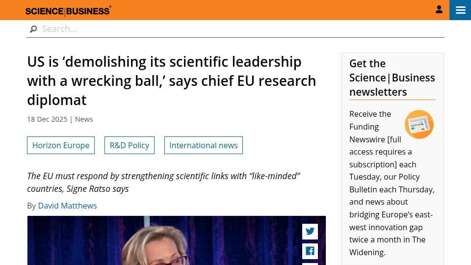 Screenshot of sciencebusiness.net: US destroying its reputation as a scientific leader – European science diplomat