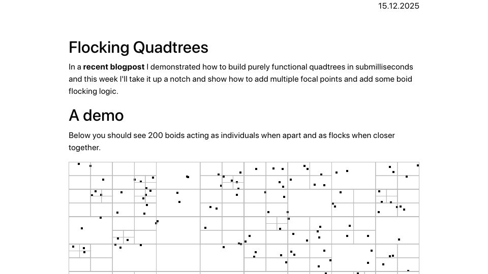 Screenshot of lbjgruppen.com: Functional Flocking Quadtree in ClojureScript
