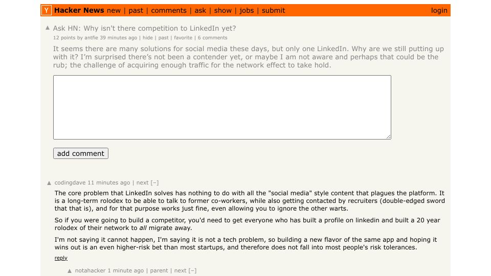 Screenshot of Hacker News post: Ask HN: Why isn't there competition to LinkedIn yet?