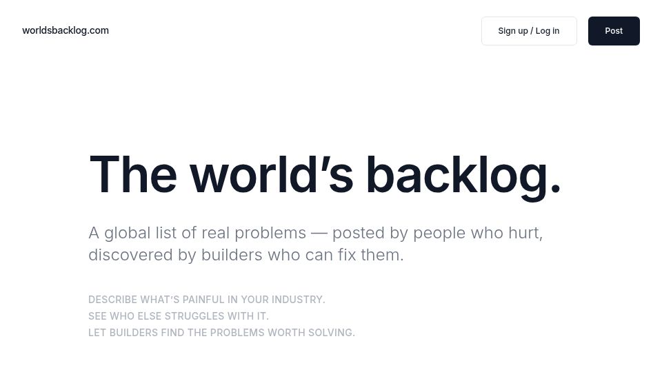 Screenshot of worldsbacklog.com: Show HN: Backlog – a public repository of real work problems