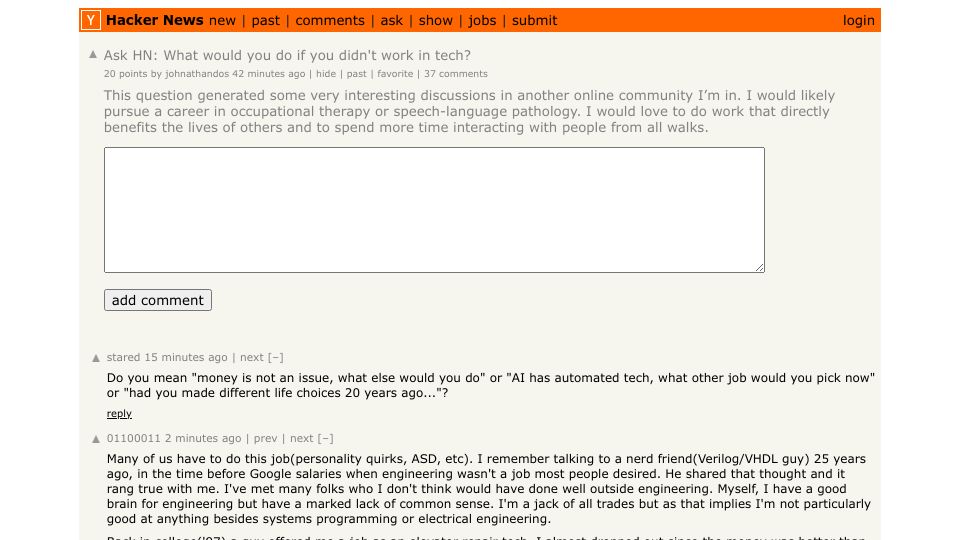 Screenshot of Hacker News post: Ask HN: What would you do if you didn't work in tech?
