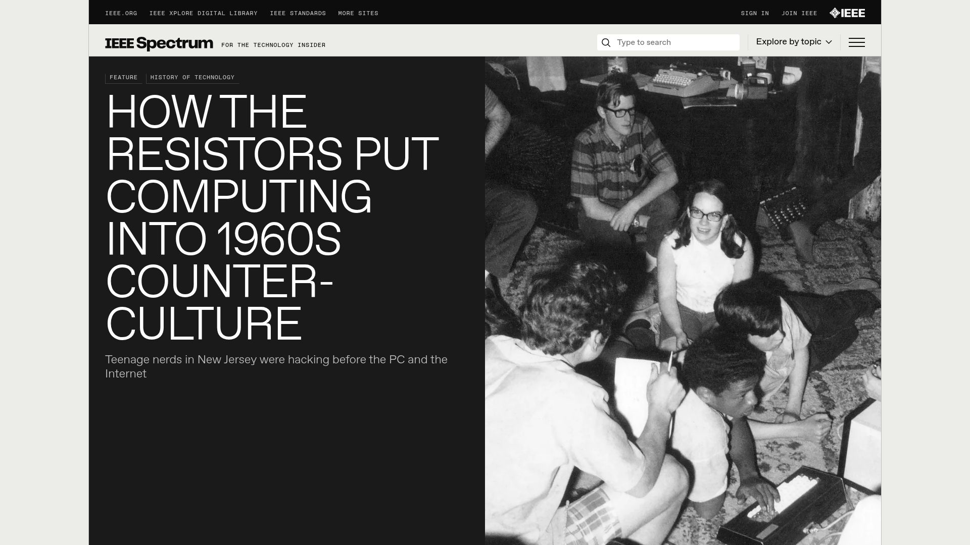 Screenshot of spectrum.ieee.org: How the RESISTORS put computing into 1960s counter-culture