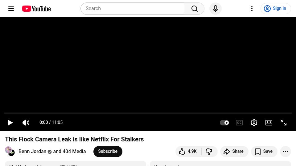 Screenshot of youtube.com: Benn Jordan – This Flock Camera Leak Is Like Netflix for Stalkers [video]