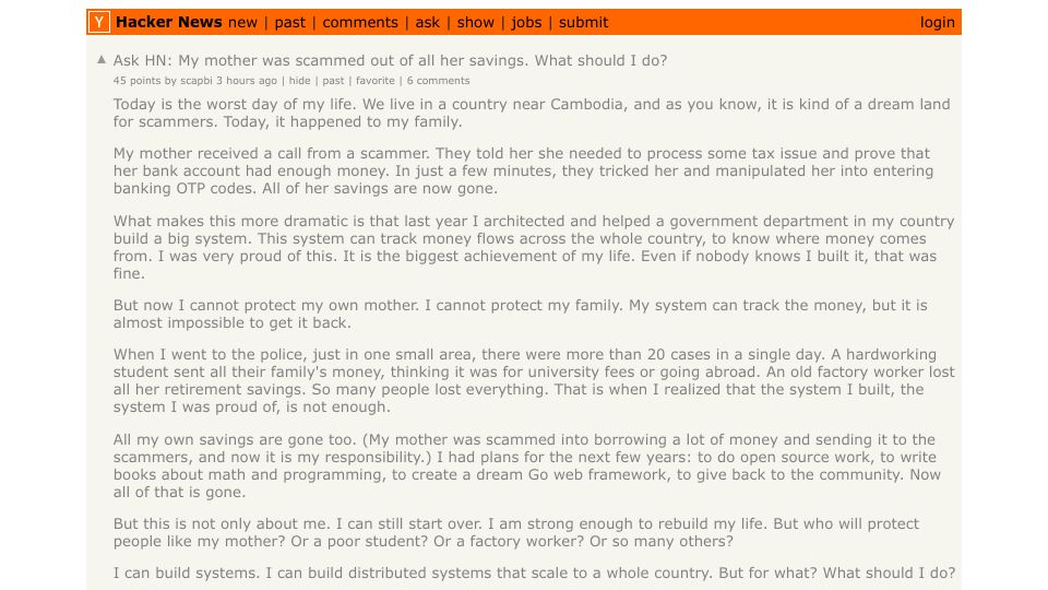 Screenshot of Hacker News post: Ask HN: My mother was scammed out of all her savings. What should I do?