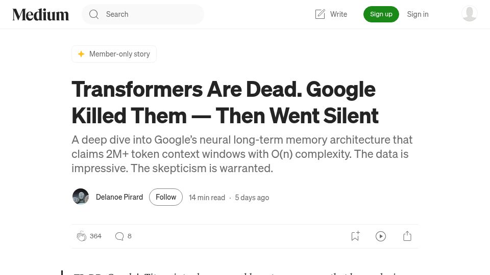 Screenshot of medium.com: Transformers Are Dead. Google Killed Them – Then Went Silent