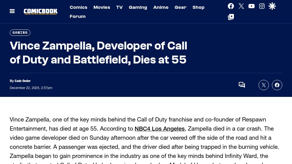 Screenshot of comicbook.com: Vince Zampella, developer of Call of Duty and Battlefield has died