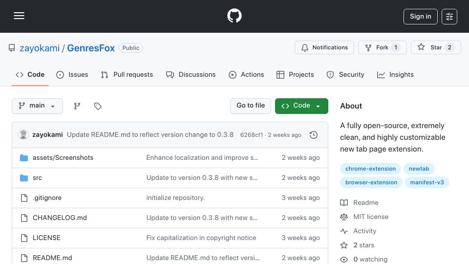 Screenshot of github.com: Show HN: GenresFox – Open-source, customizable new tab page extension in WASM