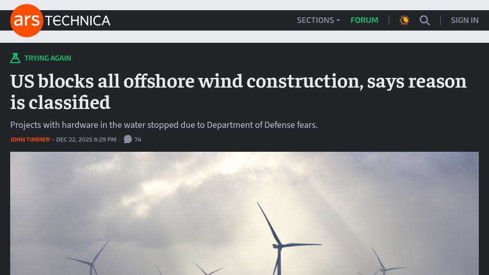Screenshot of arstechnica.com: US blocks all offshore wind construction, says reason is classified