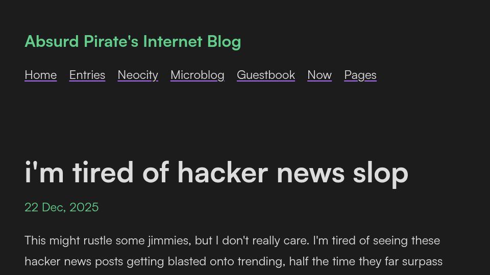Screenshot of blog.absurdpirate.com: I'm tired of Hacker News slop