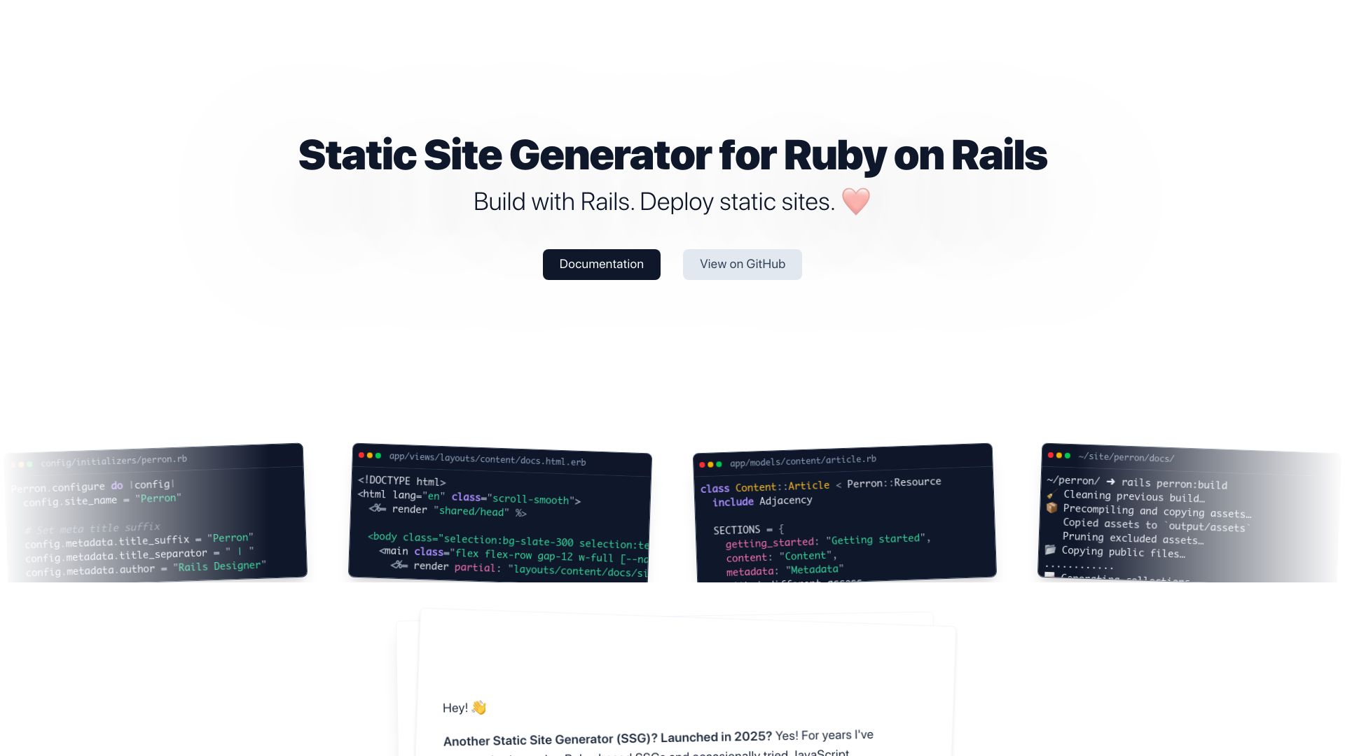 Screenshot of perron-site.statichost.page: Perron: A Static Site Generator for Ruby on Rails