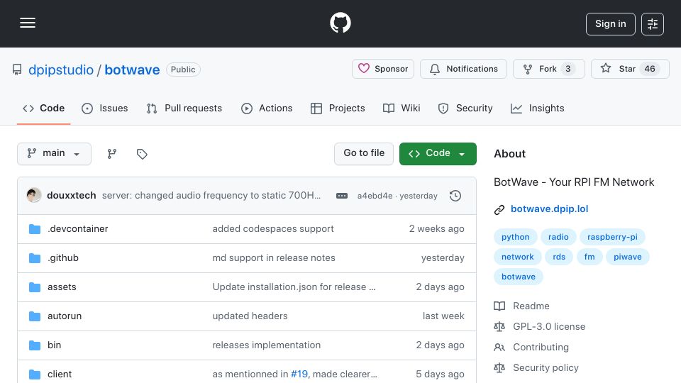 Screenshot of github.com: Show HN: An easy way of broadcasting radio around you (looking for feedback)